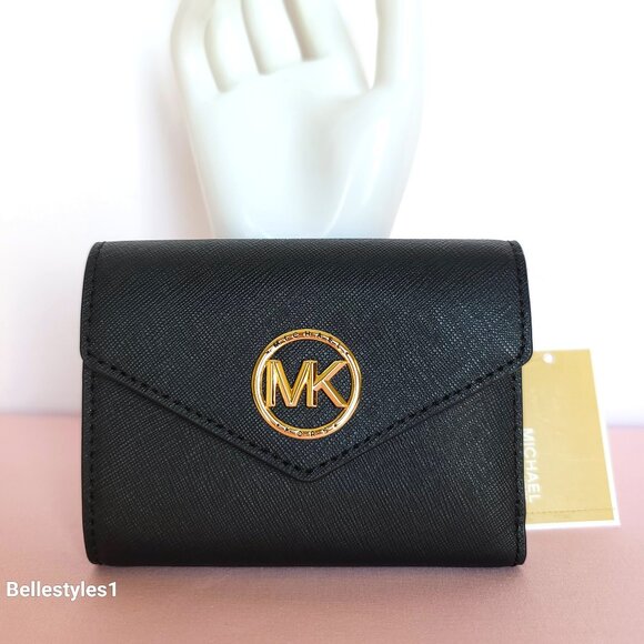 MICHAEL KORS Greenwich Medium Envelope Trifold Saffiano Leather Wallet- Black ⭐ - Picture 1 of 16